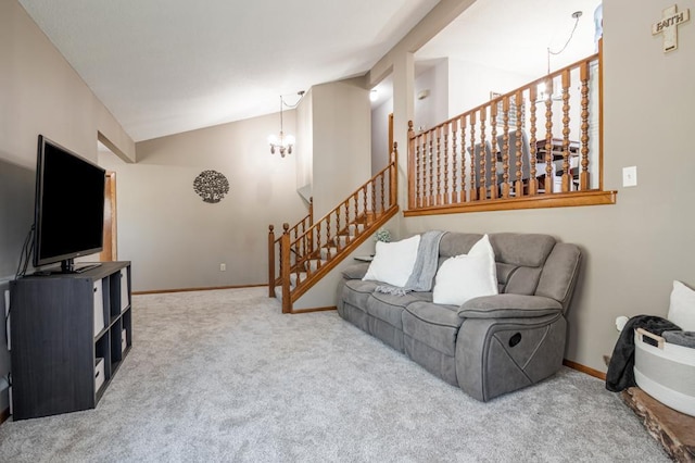 living room featuring an inviting chandelier, carpet, stairs, baseboards, and vaulted ceiling