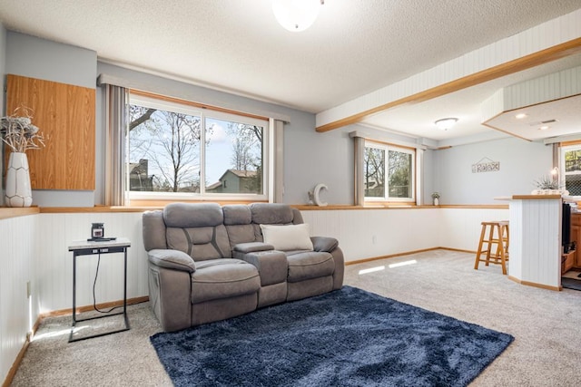 living area featuring carpet flooring, a textured ceiling, and a wainscoted wall