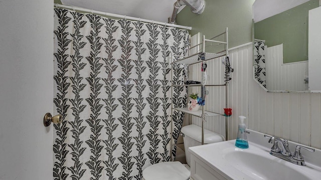 full bathroom with vanity, toilet, and a shower with curtain