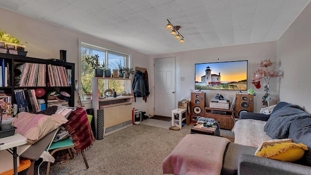 tiled living room featuring carpet