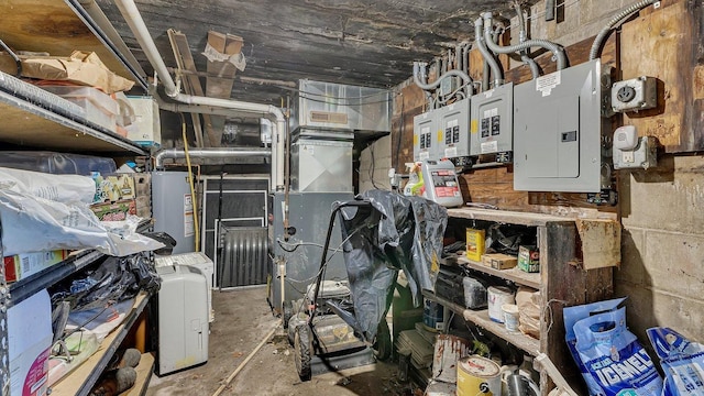 interior space with heating unit, gas water heater, and electric panel