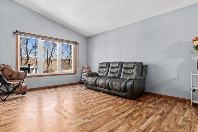 living area with baseboards, a textured ceiling, light wood-style flooring, and lofted ceiling