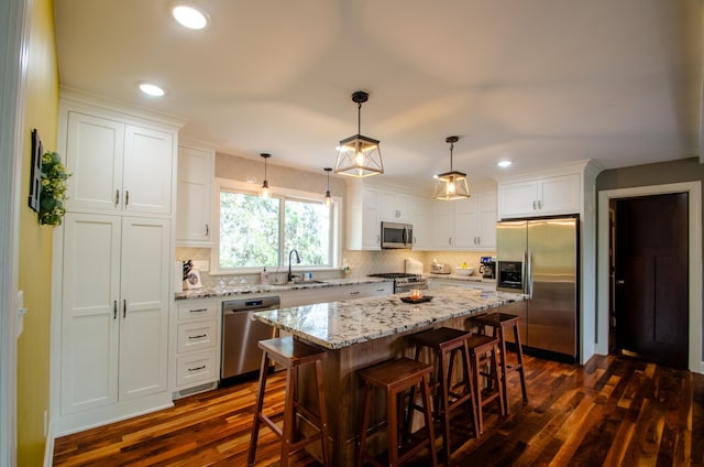 kitchen with recessed lighting, a sink, dark wood-style flooring, and stainless steel appliances