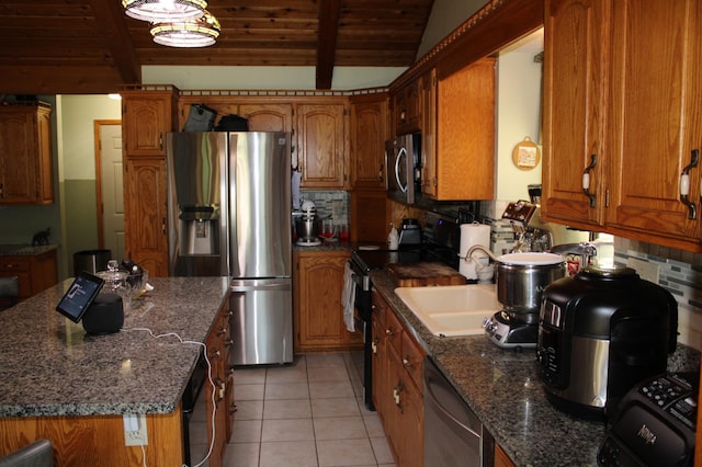 5795 Otter Lake Rd, White Bear Twp, MN 55110 - kitchen with appliances with stainless steel finishes, brown cabinets, backsplash, a wood ceiling with exposed beams, and light tile patterned floors
