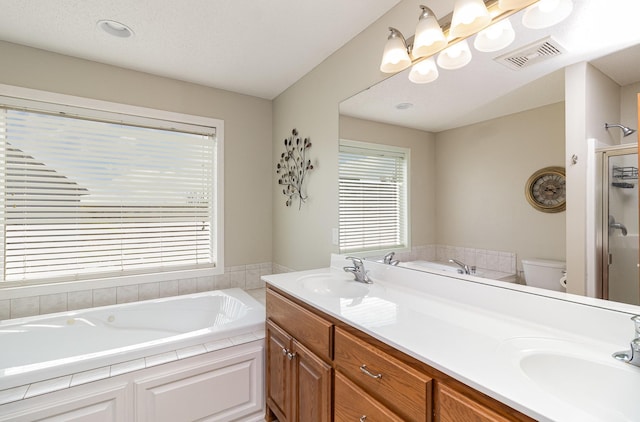 1006 9th Street Ct SE, New Prague, MN 56071 - full bathroom with toilet, a bath, a stall shower, and double vanity