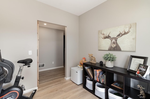 1006 9th Street Ct SE, New Prague, MN 56071 - workout area featuring light wood-style flooring and baseboards