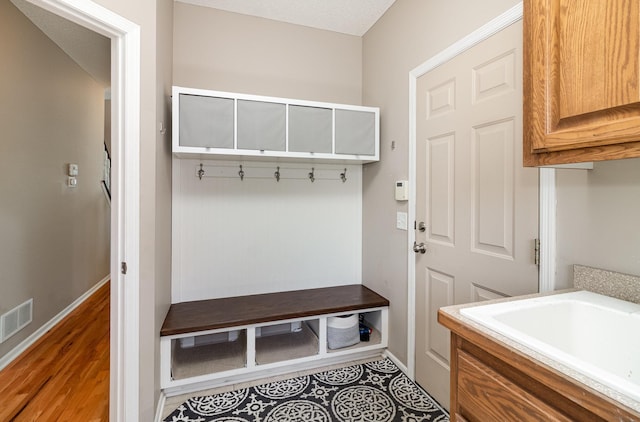 1006 9th Street Ct SE, New Prague, MN 56071 - mudroom featuring baseboards, a sink, and wood finished floors