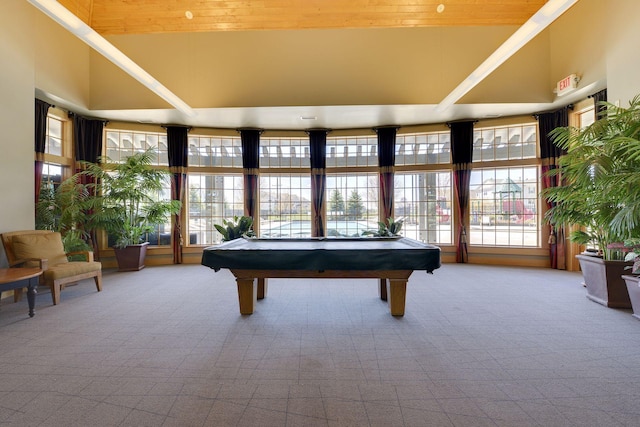 5085 149th St N # 3, Hugo, MN 55038 - recreation room with carpet floors, a high ceiling, pool table, and wood ceiling