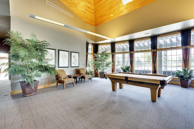 5085 149th St N # 3, Hugo, MN 55038 - game room with high vaulted ceiling, carpet flooring, billiards, and wood ceiling