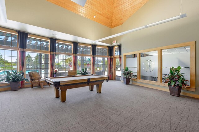 5085 149th St N # 3, Hugo, MN 55038 - playroom with carpet floors, a high ceiling, healthy amount of natural light, wooden ceiling, and billiards