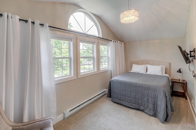 bedroom featuring a notable chandelier, carpet floors, baseboards, vaulted ceiling, and a baseboard heating unit