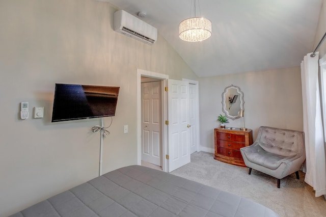 bedroom with a notable chandelier, a wall mounted AC, carpet, and lofted ceiling