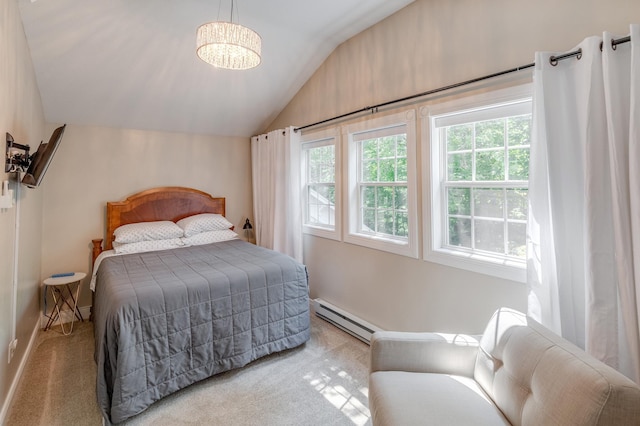 carpeted bedroom featuring vaulted ceiling, baseboards, an inviting chandelier, and a baseboard heating unit