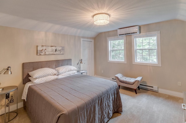 bedroom with carpet floors, a baseboard heating unit, a wall mounted air conditioner, and lofted ceiling