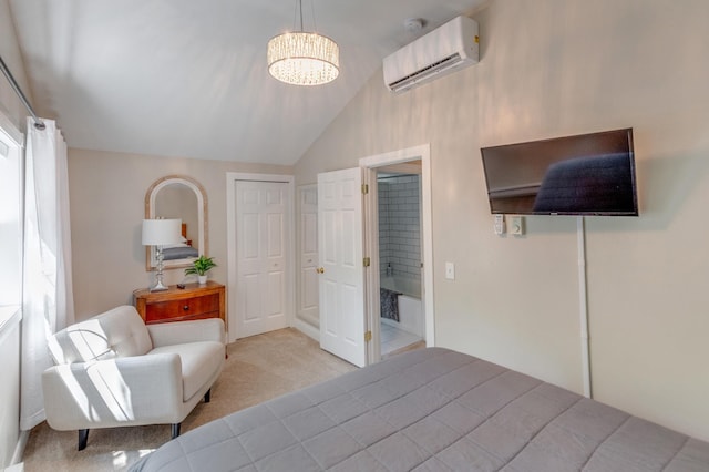 carpeted bedroom with an inviting chandelier, a wall mounted air conditioner, and lofted ceiling