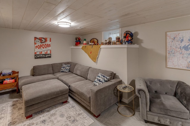 living room featuring wood ceiling