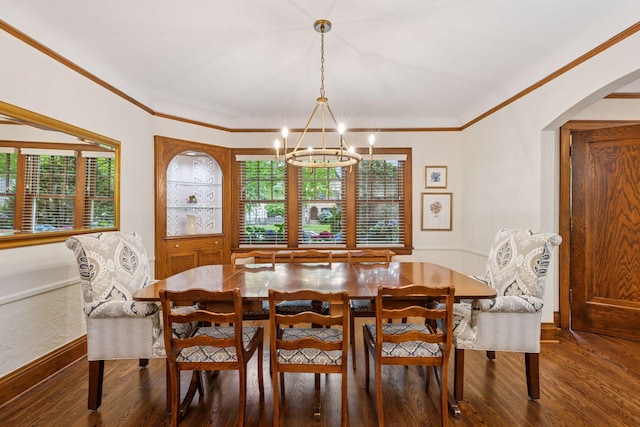 1722 Pinehurst Ave, Saint Paul, MN 55116 - dining area with arched walkways, a chandelier, wood finished floors, crown molding, and plenty of natural light