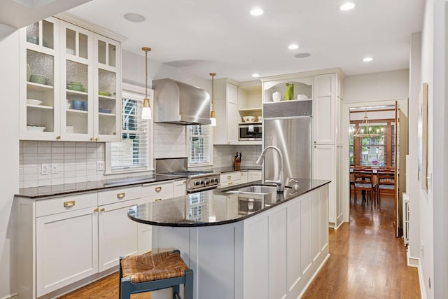 1722 Pinehurst Ave, Saint Paul, MN 55116 - kitchen with extractor fan, built in appliances, a sink, open shelves, and wood finished floors