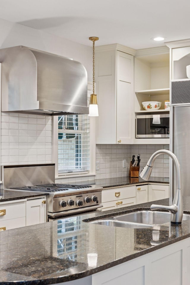 1722 Pinehurst Ave, Saint Paul, MN 55116 - kitchen with ventilation hood, a sink, stainless steel microwave, open shelves, and stove
