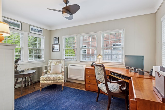 1722 Pinehurst Ave, Saint Paul, MN 55116 - office featuring a ceiling fan, wood finished floors, and radiator heating unit