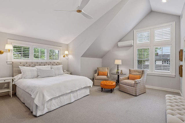 1722 Pinehurst Ave, Saint Paul, MN 55116 - bedroom with carpet, a wall mounted air conditioner, vaulted ceiling, ceiling fan, and baseboards
