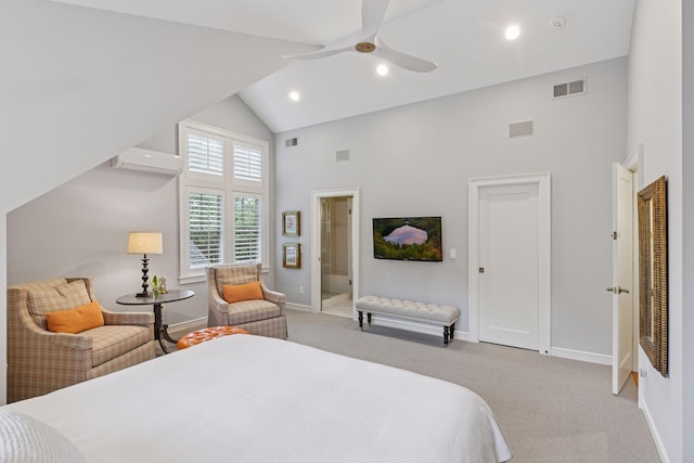 1722 Pinehurst Ave, Saint Paul, MN 55116 - bedroom featuring high vaulted ceiling, baseboards, light carpet, ceiling fan, and ensuite bath