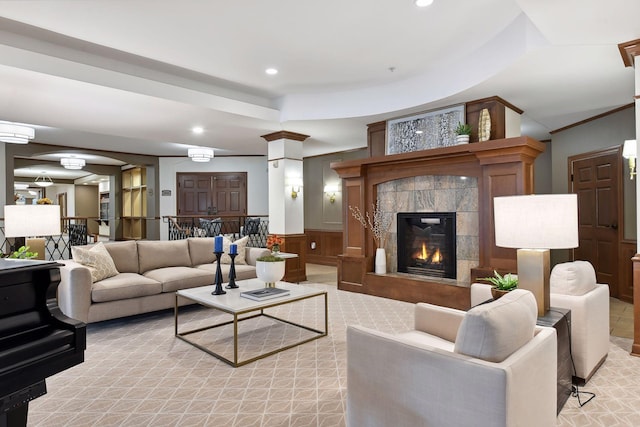 7100 Metro Blvd Unit 401, Edina, MN 55439 - living area with a wainscoted wall, light carpet, recessed lighting, and a tile fireplace