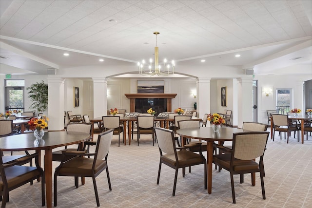 7100 Metro Blvd Unit 401, Edina, MN 55439 - dining room with ornate columns, light colored carpet, and recessed lighting
