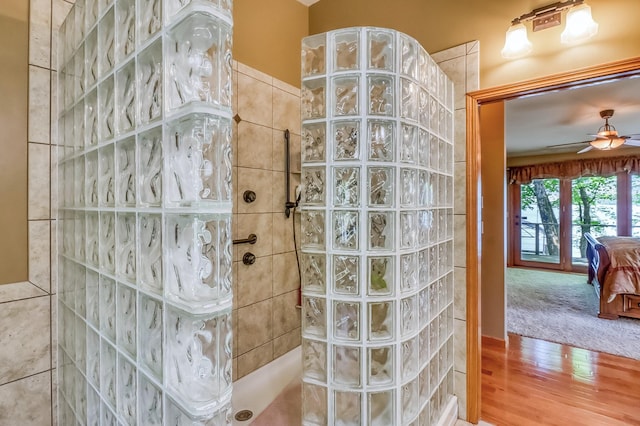 21005 County Highway 32, Rochert, MN 56578 - ensuite bathroom with a walk in shower, a ceiling fan, and wood finished floors
