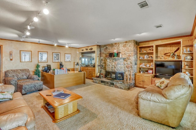 21005 County Highway 32, Rochert, MN 56578 - carpeted living room with rail lighting, a wood stove, and crown molding