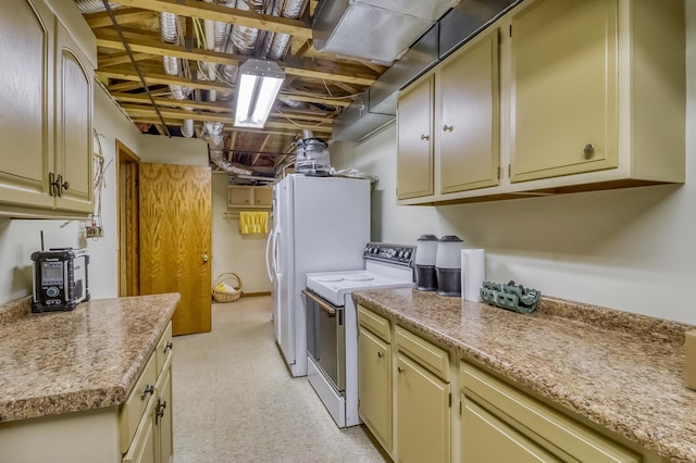 21005 County Highway 32, Rochert, MN 56578 - kitchen with white range with electric stovetop, cream cabinets, light countertops, and light flooring
