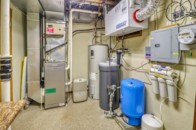 21005 County Highway 32, Rochert, MN 56578 - utility room with water heater, electric panel, electric meter, and heating unit