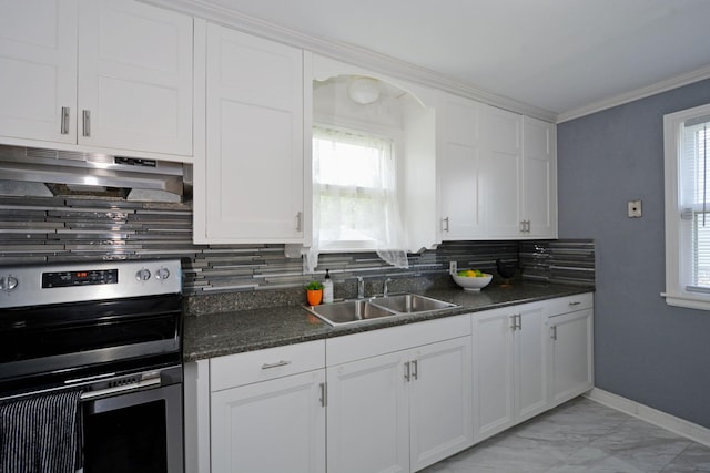 75 Geranium Ave E, Saint Paul, MN 55117 - kitchen featuring under cabinet range hood, electric range, decorative backsplash, light marble finish floors, and white cabinets