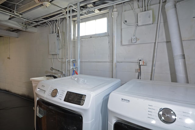 75 Geranium Ave E, Saint Paul, MN 55117 - laundry area featuring independent washer and dryer, electric panel, and concrete block wall