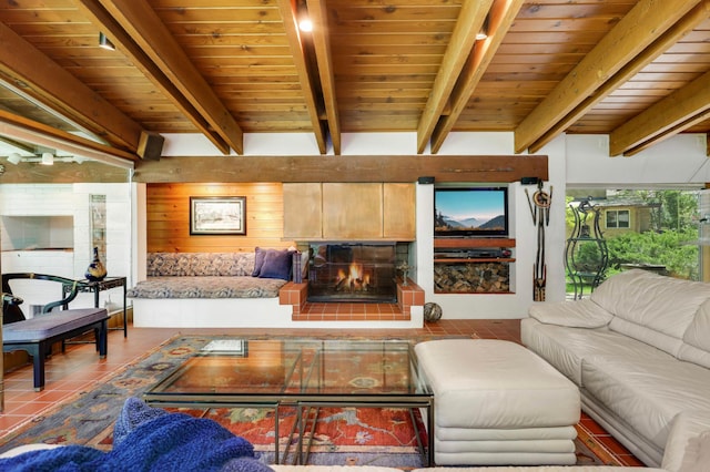 4618 Cedarwood Rd, Saint Louis Park, MN 55416 - living area featuring a warm lit fireplace and wood ceiling with exposed beams