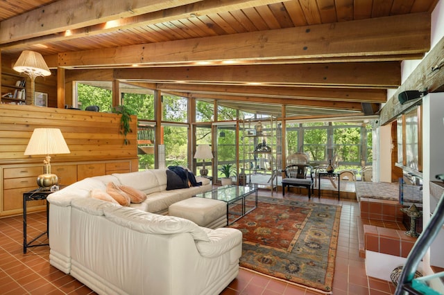 4618 Cedarwood Rd, Saint Louis Park, MN 55416 - living room featuring tile patterned floors and wood ceiling with exposed beams