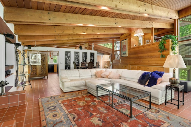 4618 Cedarwood Rd, Saint Louis Park, MN 55416 - tiled living room with healthy amount of natural light, wood walls, and wood ceiling with exposed beams