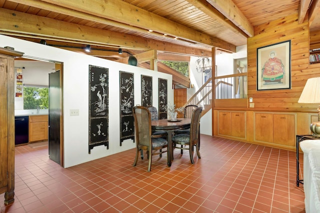 4618 Cedarwood Rd, Saint Louis Park, MN 55416 - dining room with wood ceiling with exposed beams, stairway, tile patterned flooring, and wooden walls