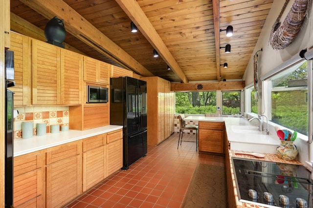 4618 Cedarwood Rd, Saint Louis Park, MN 55416 - kitchen featuring black appliances, a sink, wooden ceiling, plenty of natural light, and light countertops