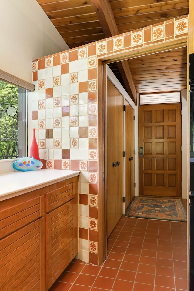 4618 Cedarwood Rd, Saint Louis Park, MN 55416 - bathroom with wooden ceiling with exposed beams and tile patterned floors