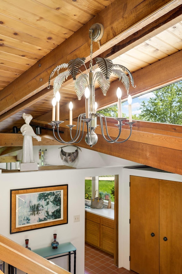 4618 Cedarwood Rd, Saint Louis Park, MN 55416 - detailed view of a chandelier and wood ceiling with exposed beams