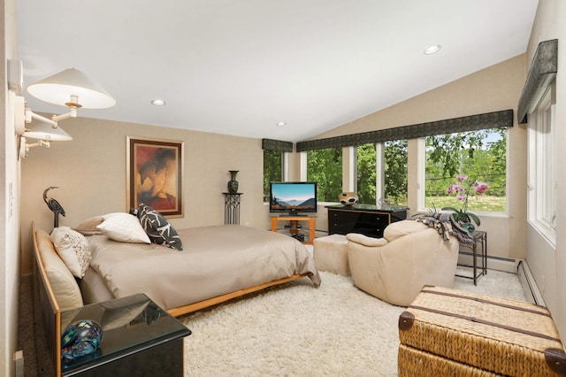 4618 Cedarwood Rd, Saint Louis Park, MN 55416 - carpeted bedroom featuring vaulted ceiling, recessed lighting, and baseboard heating
