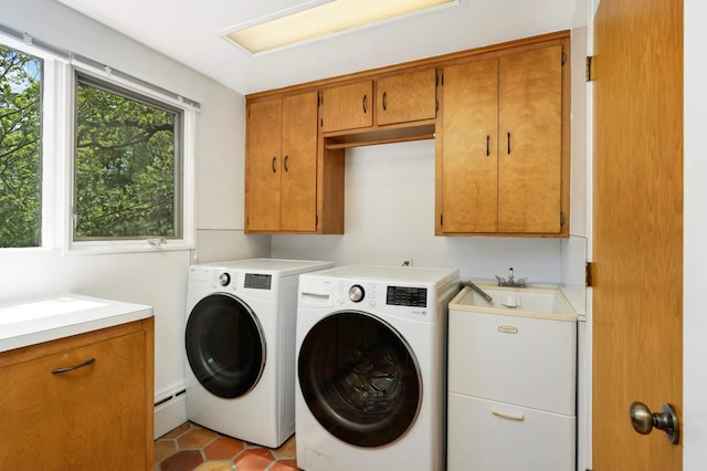 4618 Cedarwood Rd, Saint Louis Park, MN 55416 - laundry area with washer and dryer, cabinet space, light tile patterned floors, and baseboard heating