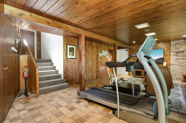 4618 Cedarwood Rd, Saint Louis Park, MN 55416 - workout area with wood walls, wooden ceiling, and tile patterned floors