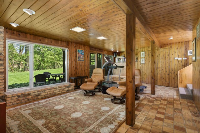 4618 Cedarwood Rd, Saint Louis Park, MN 55416 - exercise area featuring wooden walls, wooden ceiling, and brick patterned floors
