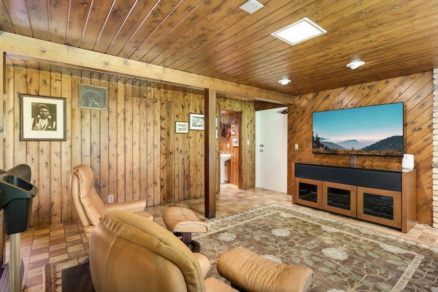 4618 Cedarwood Rd, Saint Louis Park, MN 55416 - living room with wooden walls, wooden ceiling, and tile patterned floors