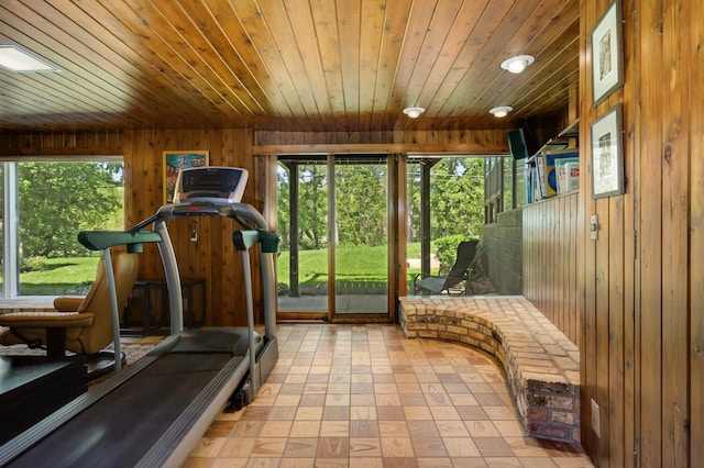 4618 Cedarwood Rd, Saint Louis Park, MN 55416 - workout area with wooden walls, wooden ceiling, and tile patterned floors