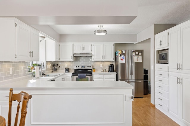 kitchen with under cabinet range hood, stainless steel appliances, a sink, and light countertops