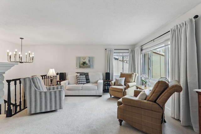 carpeted living room with a textured ceiling and a chandelier