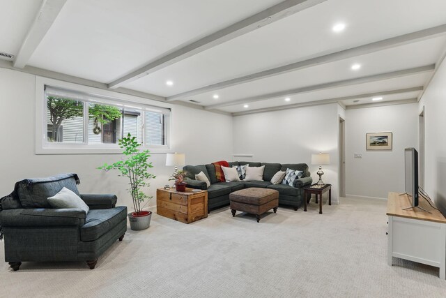 living room featuring recessed lighting, beamed ceiling, visible vents, and light carpet